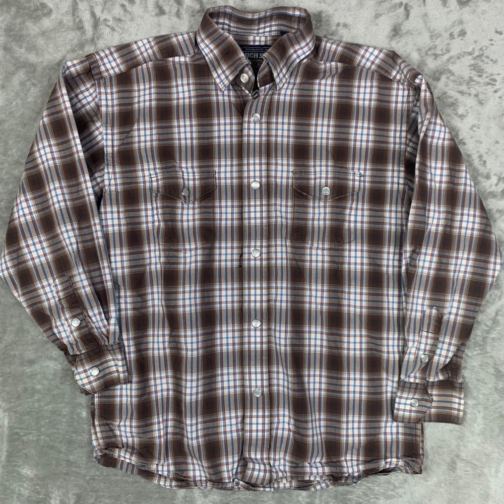 Rough Stock by Panhandle Western Pearl Snap Shirt Boys M 10 Brown Plaid Cowboy